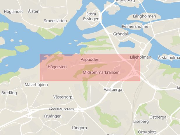 Karta som med röd fyrkant ramar in Hägersten, Hägerstensvägen, Stockholm, Stockholms län