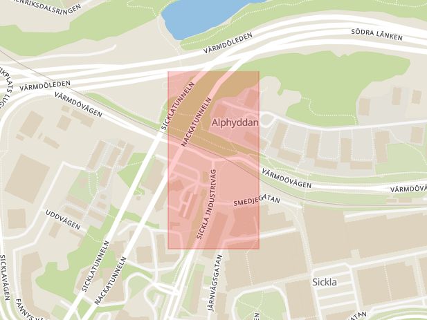 Karta som med röd fyrkant ramar in Sickla Industriväg, Värmdövägen, Nacka, Stockholms län