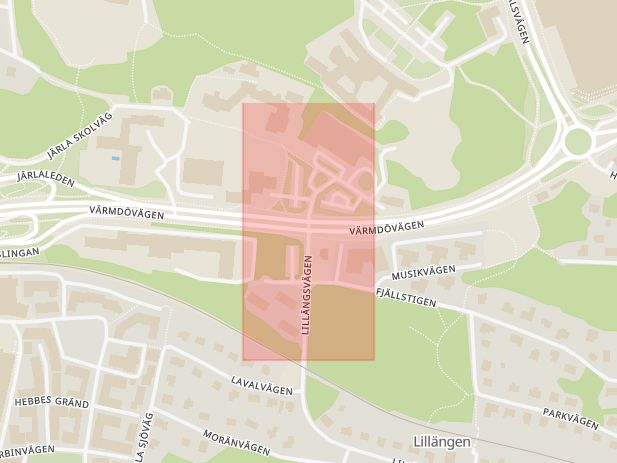 Karta som med röd fyrkant ramar in Lillängsvägen, Värmdövägen, Järla, Nacka, Stockholms län