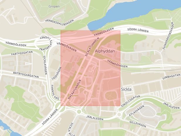 Karta som med röd fyrkant ramar in Nackatunneln, Nacka, Stockholms län