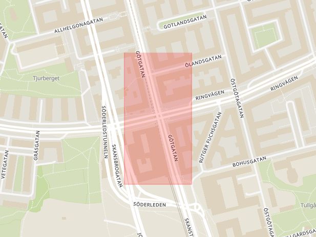 Karta som med röd fyrkant ramar in Götgatan, Ringvägen, Stockholm, Stockholms län