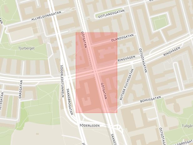 Karta som med röd fyrkant ramar in Södermalm, Götgatan, Ringvägen, Stockholm, Stockholms län
