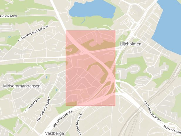 Karta som med röd fyrkant ramar in Essingeleden, Liljeholmen, Stockholm, Stockholms län