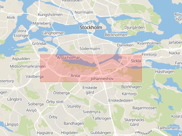 Karta som med röd fyrkant ramar in Årstatunneln, Sickla, Essingeleden, Stockholm, Stockholms län