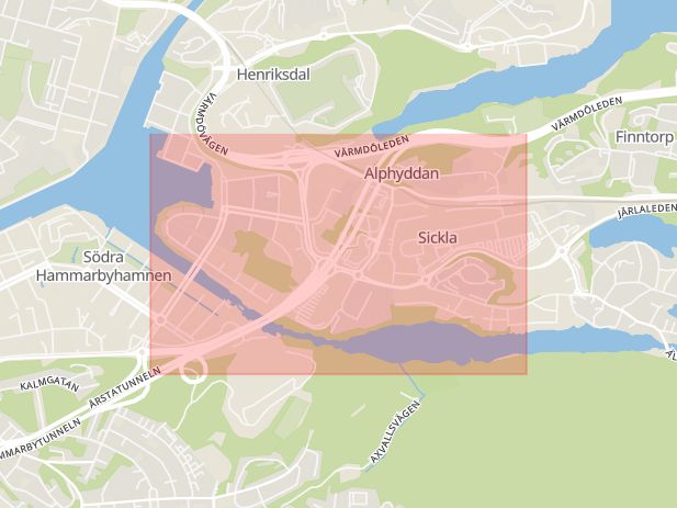 Karta som med röd fyrkant ramar in Södra Länken, Nackarondellen, Nacka, Stockholms län