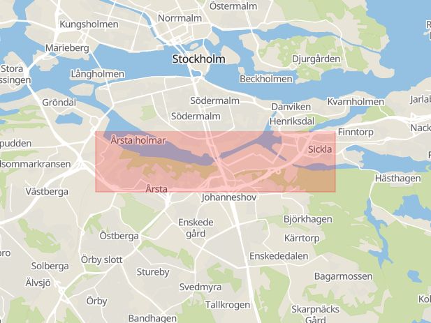 Karta som med röd fyrkant ramar in Södra Länken, Farstavägen, Stockholm, Stockholms län