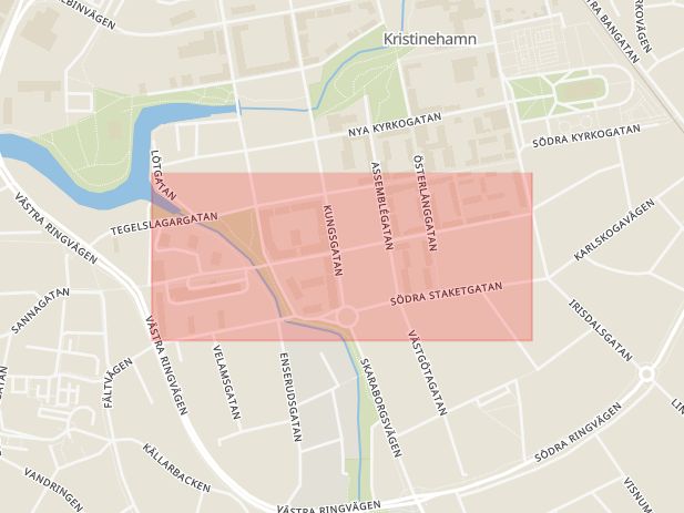 Karta som med röd fyrkant ramar in Spelmansgatan, Kristinehamn, Värmlands län