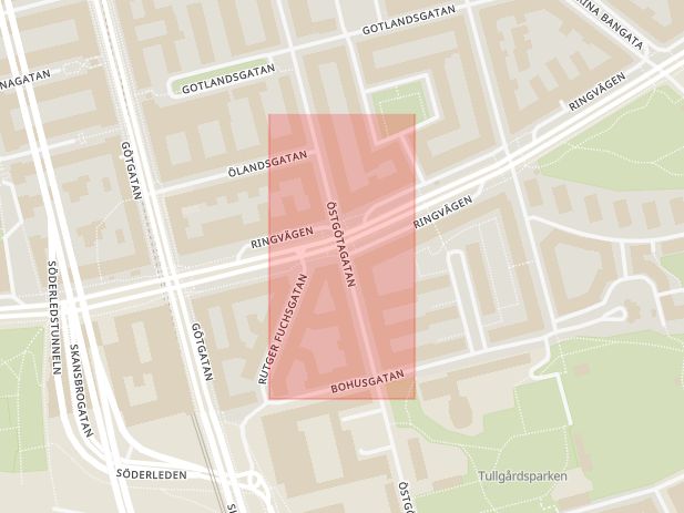 Karta som med röd fyrkant ramar in Ringvägen, Östgötagatan, Stockholm, Stockholms län