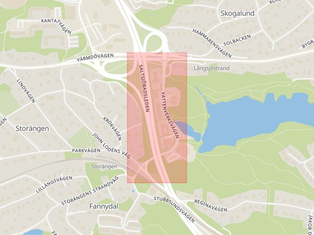 Karta som med röd fyrkant ramar in Vattenverksvägen, Nacka, Stockholms län