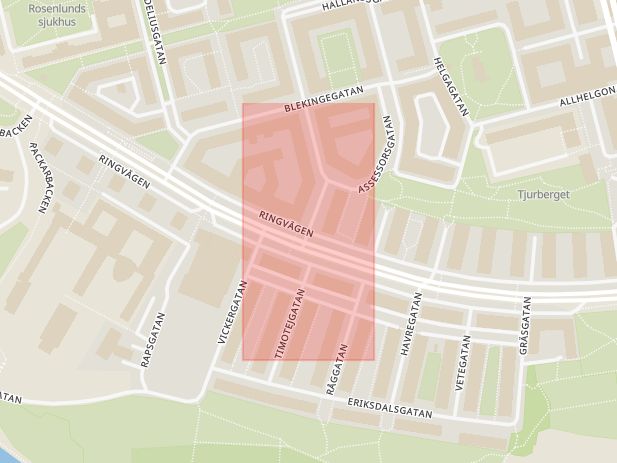 Karta som med röd fyrkant ramar in Ringvägen, Grindsgatan, Stockholm, Stockholms län