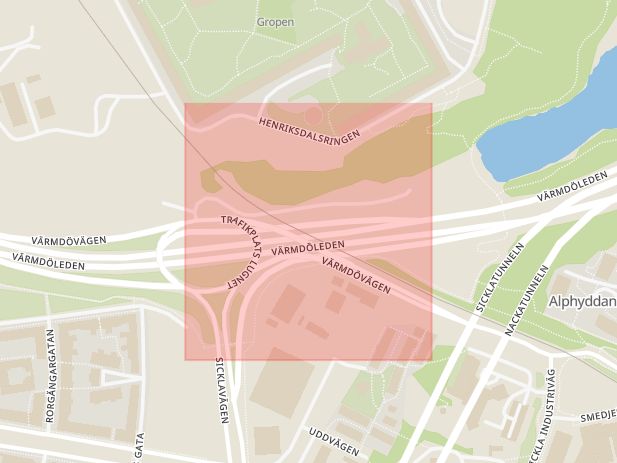 Karta som med röd fyrkant ramar in Värmdöleden, Sickla, Nacka, Stockholms län