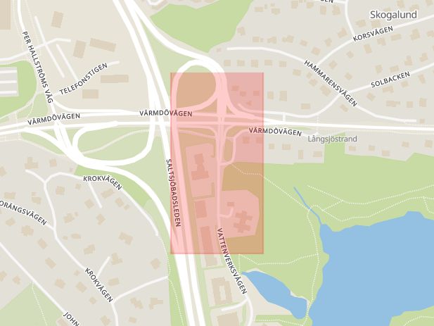Karta som med röd fyrkant ramar in Duvnäs, Vattenverksvägen, Värmdövägen, Nacka, Stockholms län