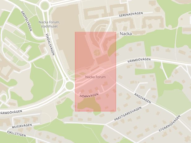 Karta som med röd fyrkant ramar in Nacka Centrum, Nacka, Stockholms län