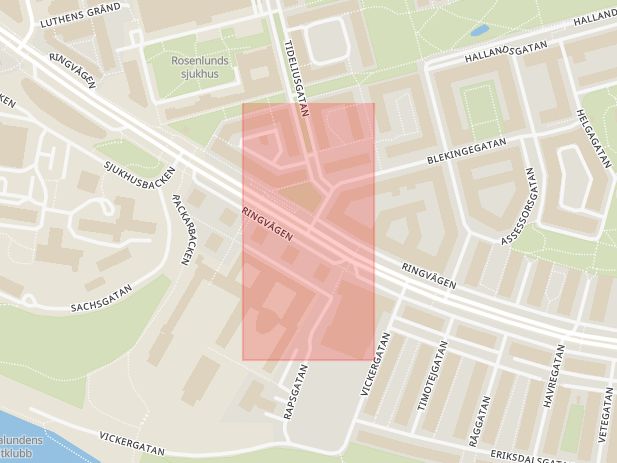 Karta som med röd fyrkant ramar in Södermalm, Blekingegatan, Ringvägen, Stockholm, Stockholms län