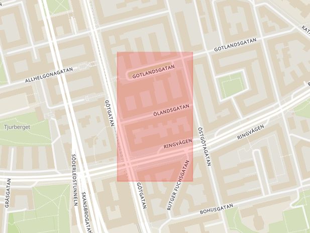 Karta som med röd fyrkant ramar in Södermalm, Ölandsgatan, Stockholm, Stockholms län