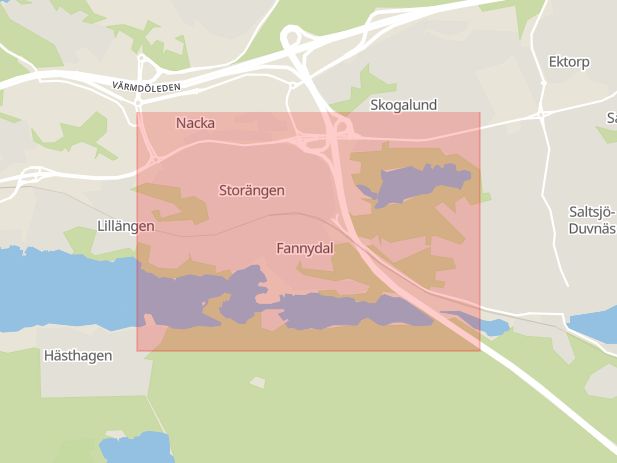 Karta som med röd fyrkant ramar in Storängen, Nacka, Stockholms län