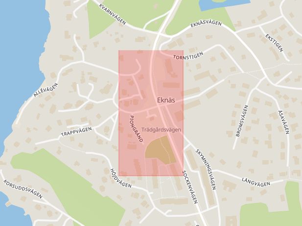 Karta som med röd fyrkant ramar in Eknäs, Björknäs Skolväg, Länkvägen, Hjortängsvägen, Nacka, Stockholms län