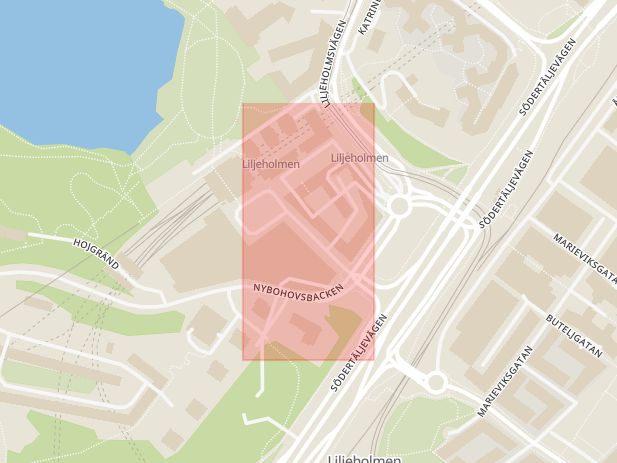 Karta som med röd fyrkant ramar in Liljeholmen, Liljeholmstorget, Stockholm, Stockholms län
