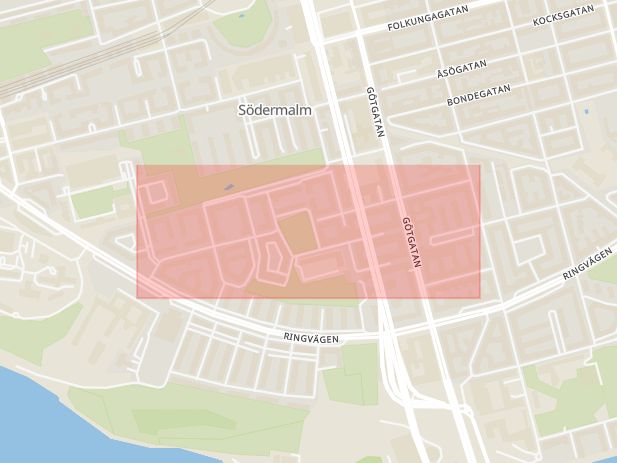 Karta som med röd fyrkant ramar in Södermalm, Blekinggatan, Stockholm, Stockholms län