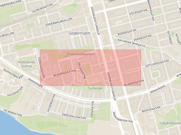 Karta som med röd fyrkant ramar in Södermalm, Blekingegatan, Stockholm, Stockholms län