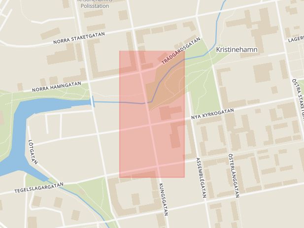 Karta som med röd fyrkant ramar in Broängen, Fabriksgatan, Kristinehamn, Värmlands län