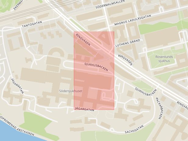 Karta som med röd fyrkant ramar in Södersjukhuset, Stockholm, Stockholms län