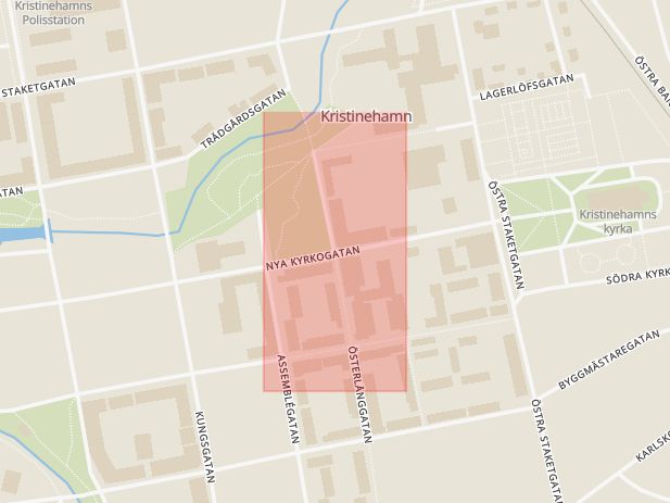 Karta som med röd fyrkant ramar in Nya Kyrkogatan, Österlånggatan, Kristinehamn, Värmlands län