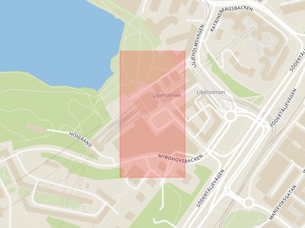 Karta som med röd fyrkant ramar in Tvärbanan, Liljeholmen, Stockholm, Stockholms län