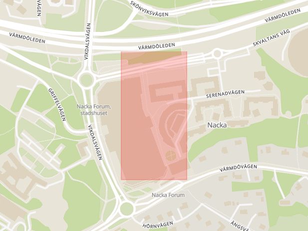 Karta som med röd fyrkant ramar in Nacka Centrum, Nacka, Stockholms län