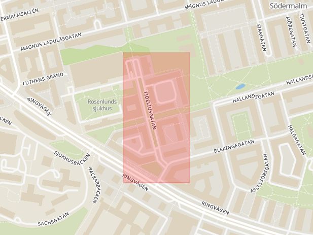 Karta som med röd fyrkant ramar in Södermalm, Tideliusgatan, Stockholms Tingsrätt, Stockholm, Stockholms län