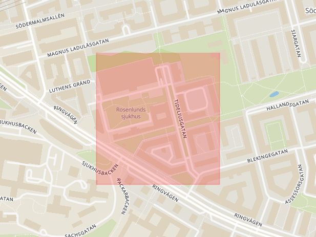 Karta som med röd fyrkant ramar in Södermalm, Tideliusgatan, Stockholm, Stockholms län