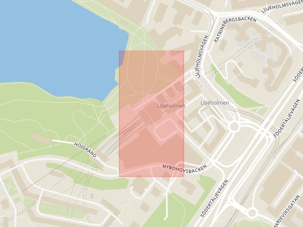 Karta som med röd fyrkant ramar in Liljeholmen, Tvärbanan, Stockholm, Stockholms län