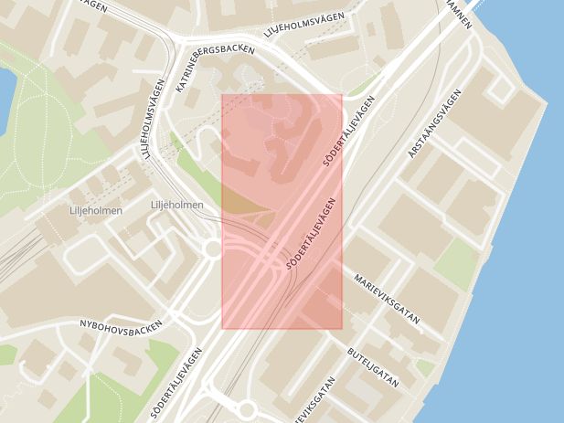 Karta som med röd fyrkant ramar in Liljeholmen, Södertäljevägen, Marievik, Stockholm, Stockholms län