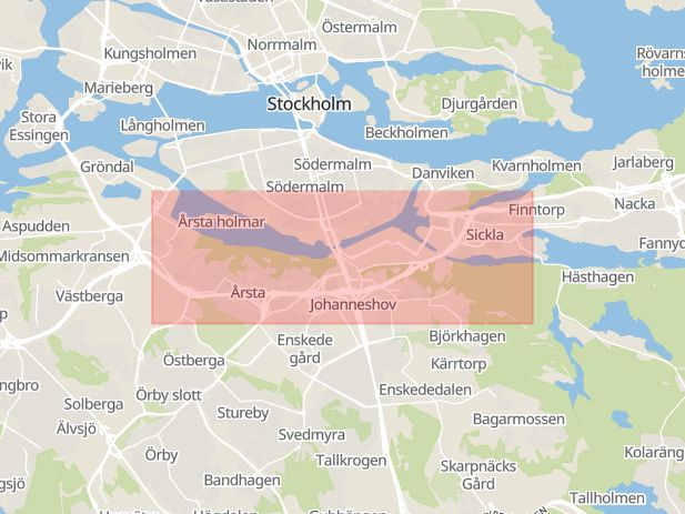 Karta som med röd fyrkant ramar in Årstalänken, Gustavsberg, Stockholm, Stockholms län