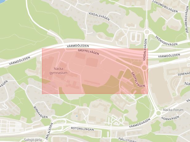 Karta som med röd fyrkant ramar in Griffelvägen, Järla, Nacka, Stockholms län