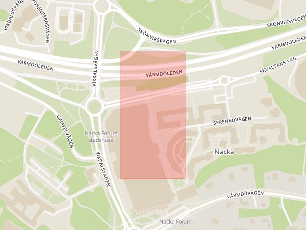 Karta som med röd fyrkant ramar in Forumvägen, Nacka, Stockholms län