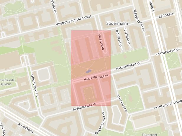 Karta som med röd fyrkant ramar in Rosenlundsparken, Stockholm, Stockholms län