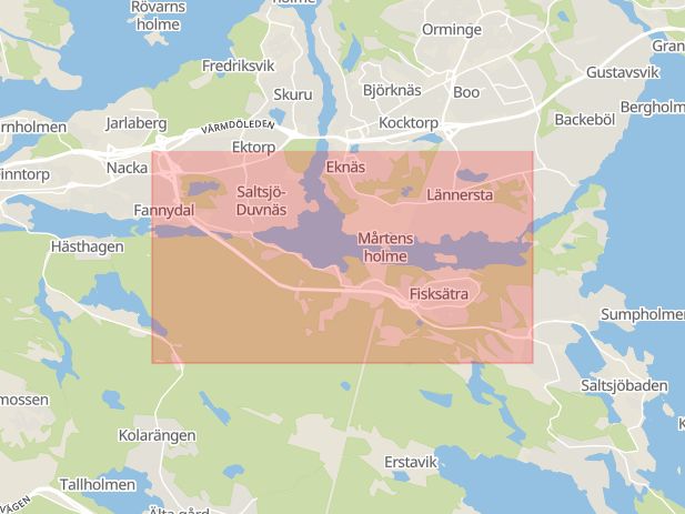 Karta som med röd fyrkant ramar in Saltsjöbadsleden, Högsta, Nacka, Stockholms län