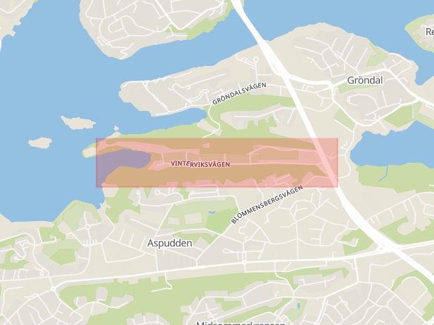 Karta som med röd fyrkant ramar in Vinterviksvägen, Stockholm, Stockholms län