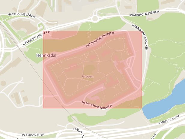 Karta som med röd fyrkant ramar in Henriksdalsringen, Kvarnholmen, Nacka, Stockholms län