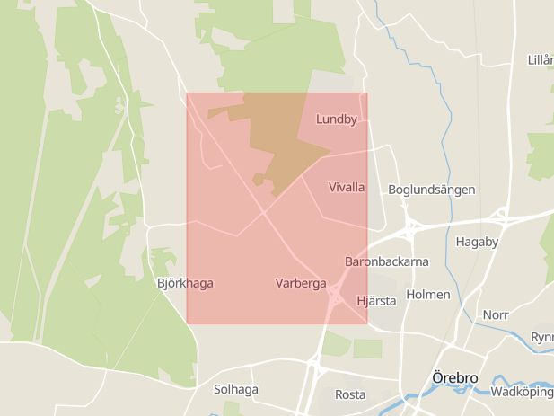 Karta som med röd fyrkant ramar in Ekersvägen, Varberga, Örebro, Örebro län