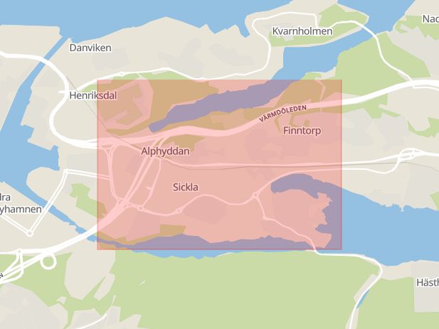 Karta som med röd fyrkant ramar in Alphyddan, Nacka, Stockholms län