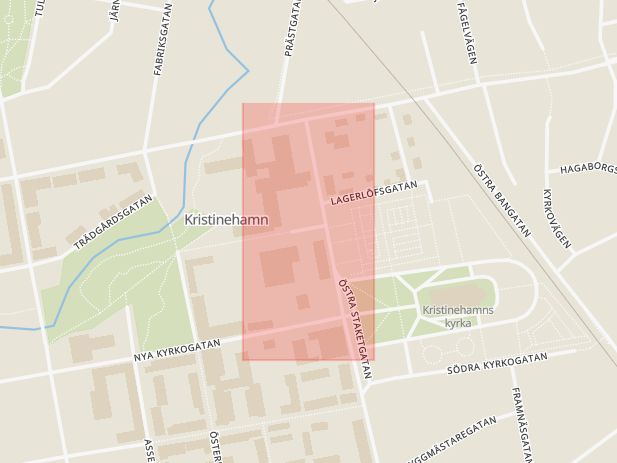 Karta som med röd fyrkant ramar in Gamla Kyrkogatan, Kristinehamn, Värmlands län