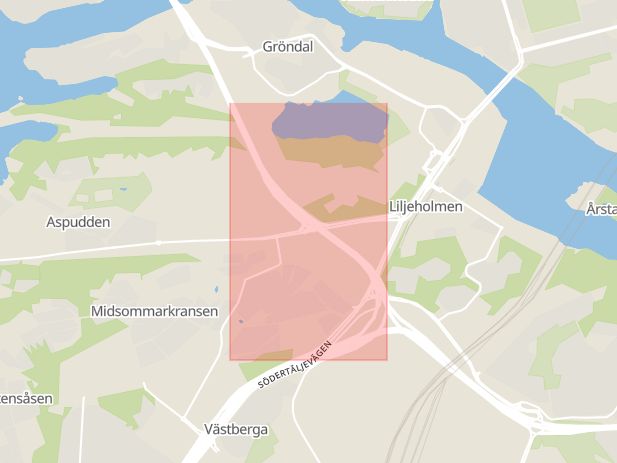 Karta som med röd fyrkant ramar in Essingeleden, Huddingevägen, Stockholm, Stockholms län