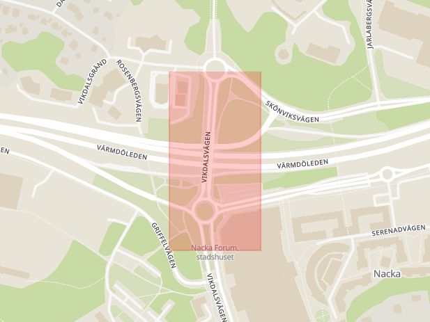 Karta som med röd fyrkant ramar in Värmdöleden, Trafikplats Skogalund, Nacka, Stockholms län