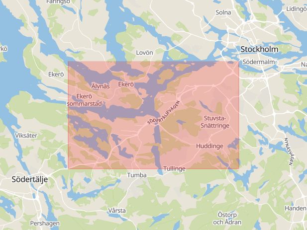 Karta som med röd fyrkant ramar in Södertäljevägen, Södertälje, Stockholms län