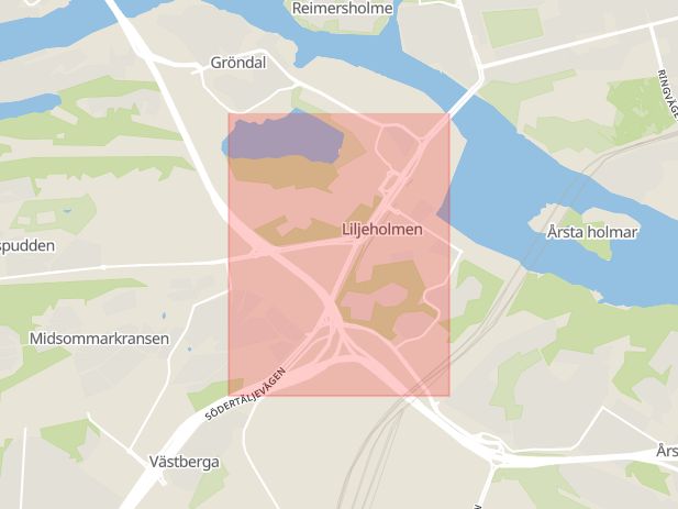 Karta som med röd fyrkant ramar in Södertäljevägen, Liljeholmen, Stockholm, Stockholms län