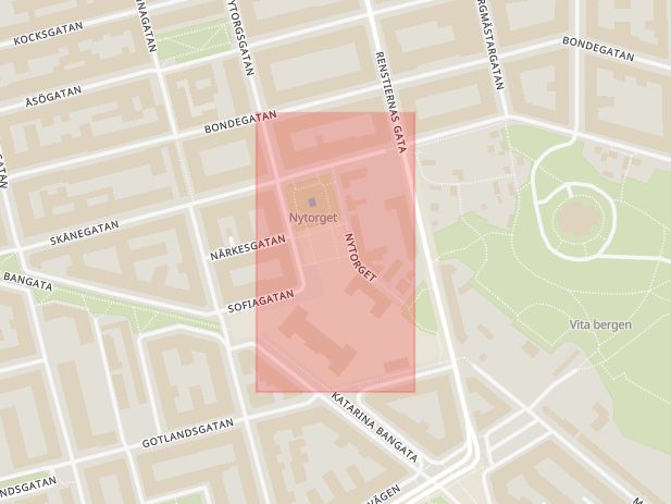 Karta som med röd fyrkant ramar in Södermalm, Nytorget, Stockholm, Stockholms län