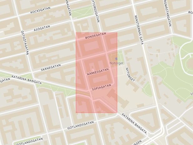 Karta som med röd fyrkant ramar in Närkesgatan, Södermalm, Stockholm, Stockholms län