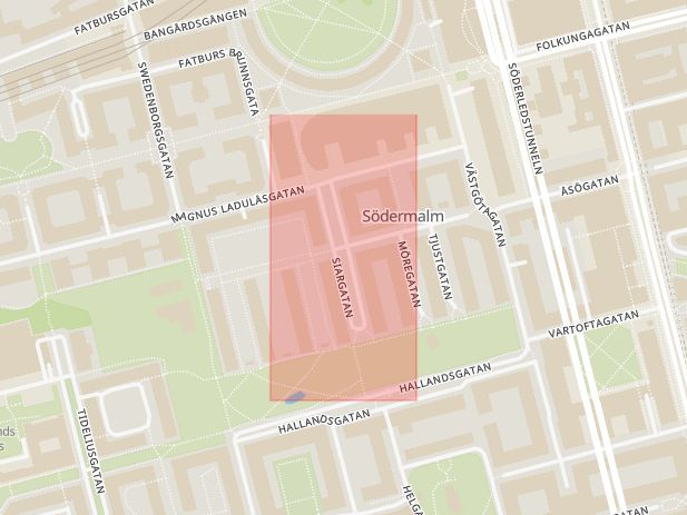 Karta som med röd fyrkant ramar in Södermalm, Hundbiten, Siargatan, Kopplet, Stockholm, Stockholms län